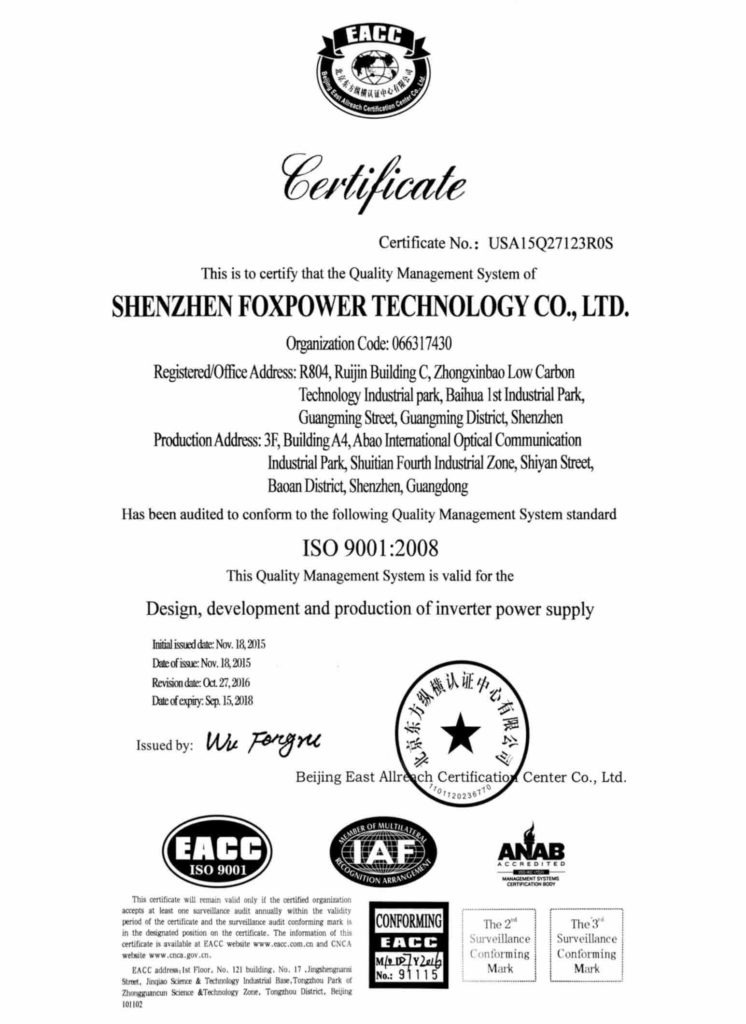 Foxpower ISO certification