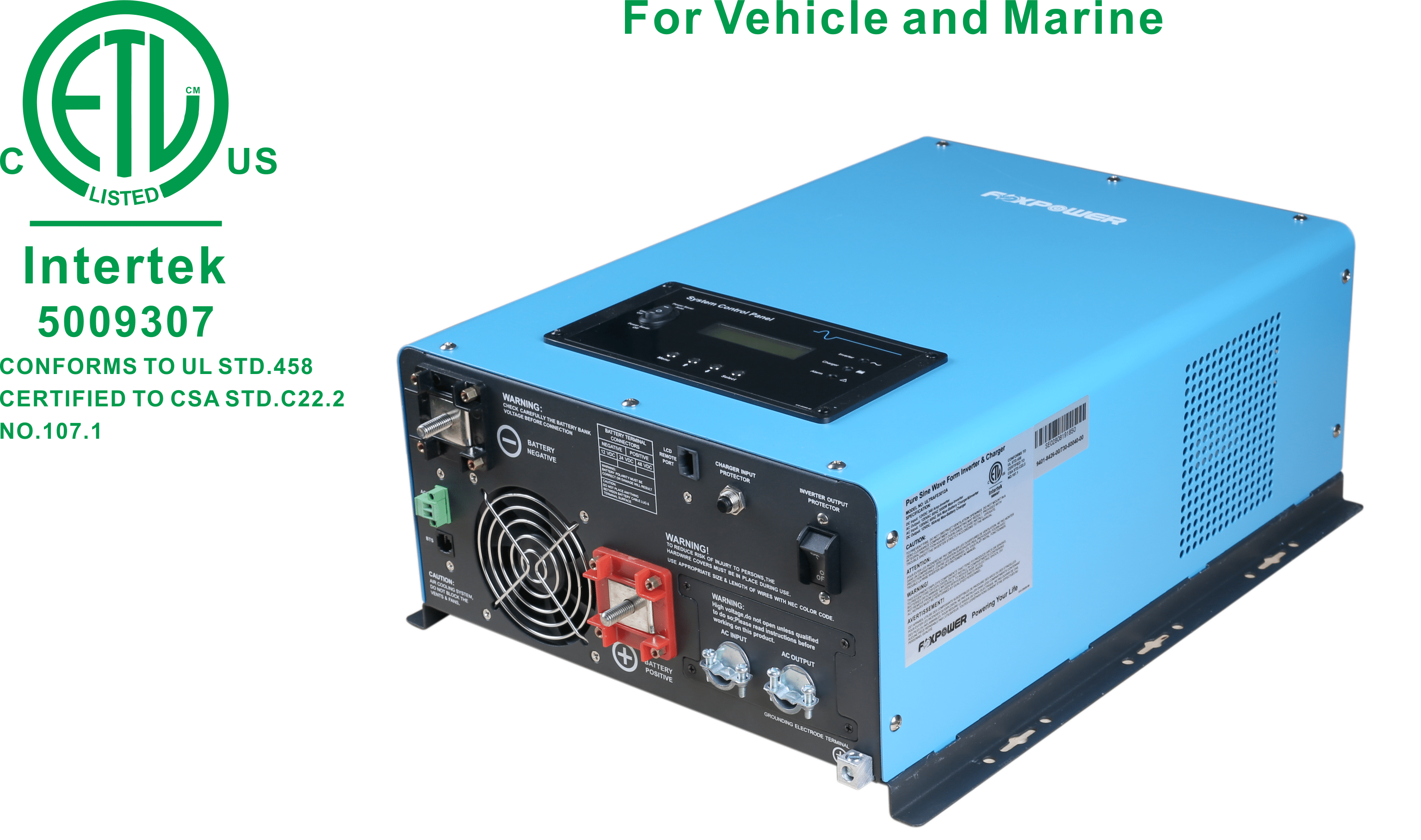 ETL listed conforms to UL458 inverter charger for vehicle